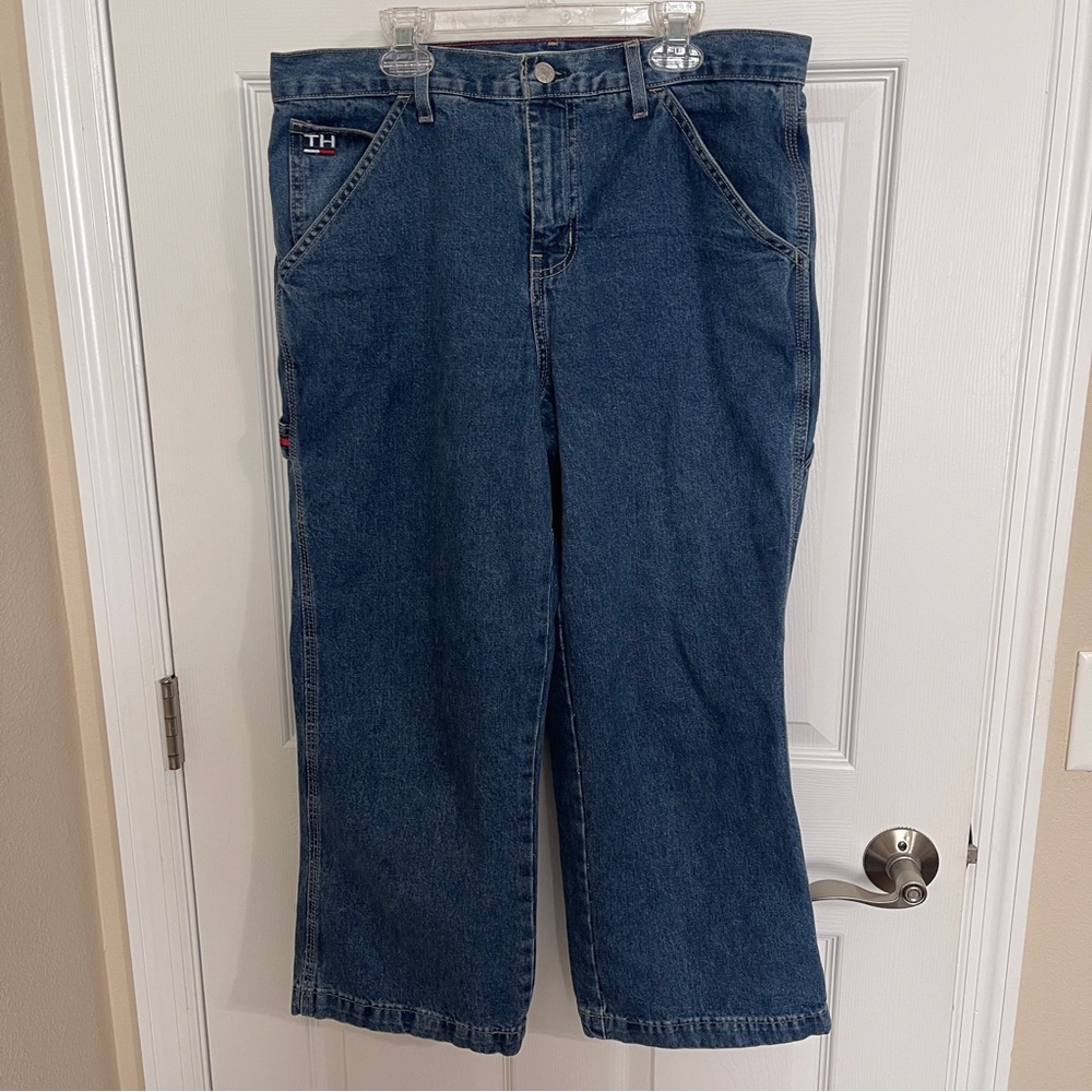 Vintage Tommy Hilfiger Women's 10
Carpenter Jeans Y2K Wide Leg Leather Patch